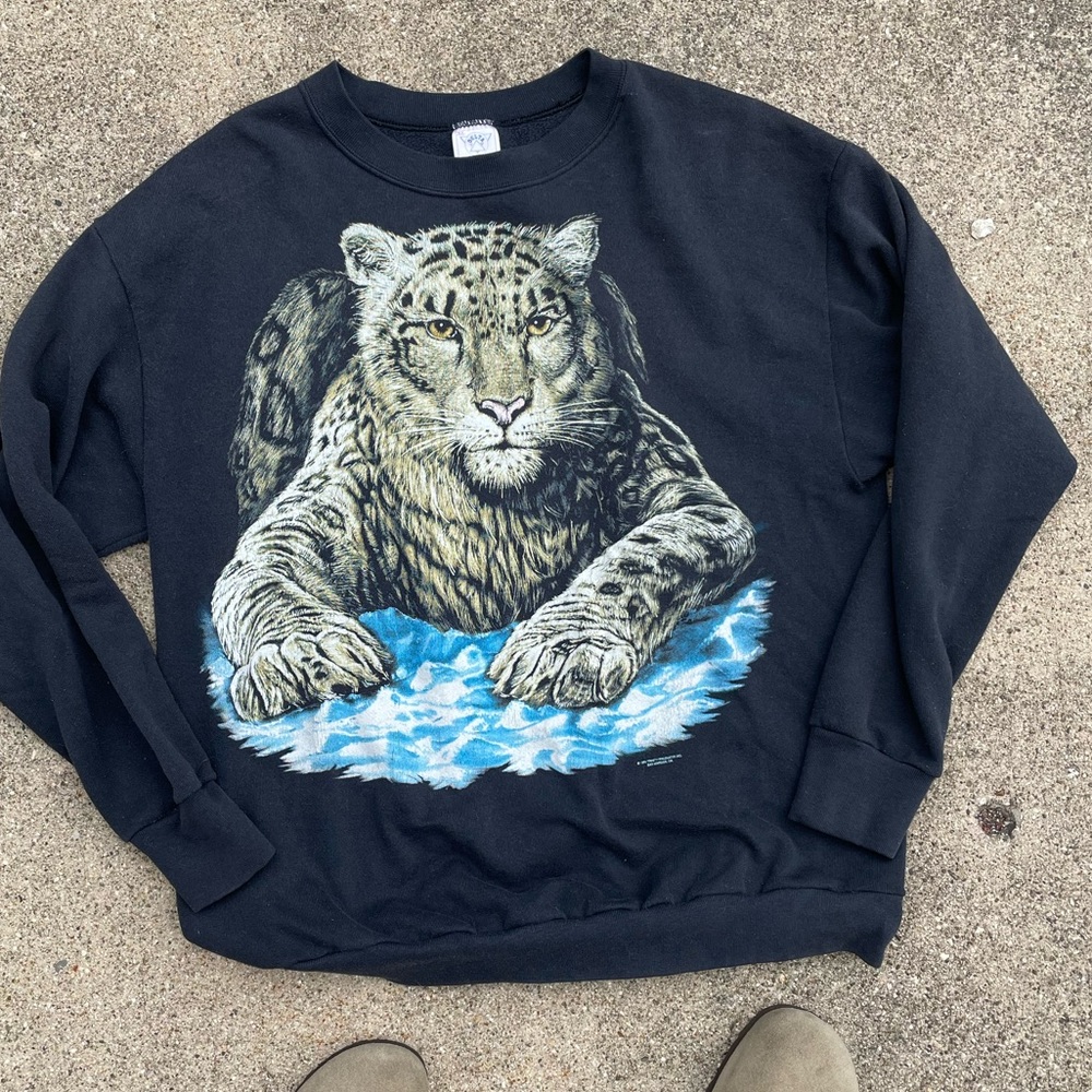 Vintage 1990s Leopard Graphic AOP Black Graphic Crewneck Sweater Made in USA
